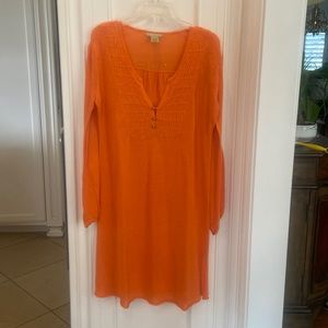 Orange Relais knitwear long sleeve, v-neck, sheer, cover up sweater, size large.